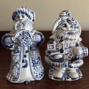 Vintage Delft Blue Porcelain Christmas Figurines Set Of 2 Hand Painted